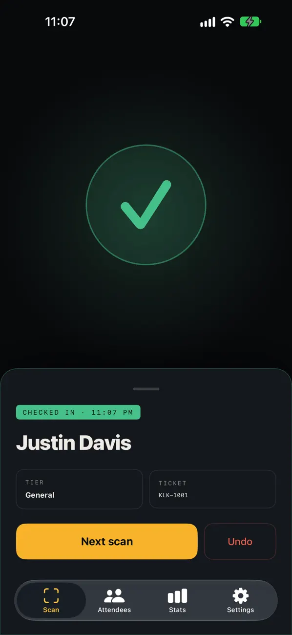 A ticket checked in: a green tick, the attendee’s name, ticket type and number, with Next scan and Undo buttons.