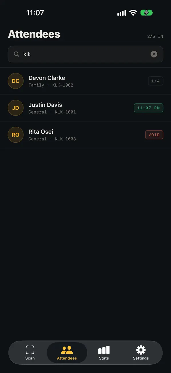 The attendee list with a search box, showing each person’s ticket type, number and check-in status.